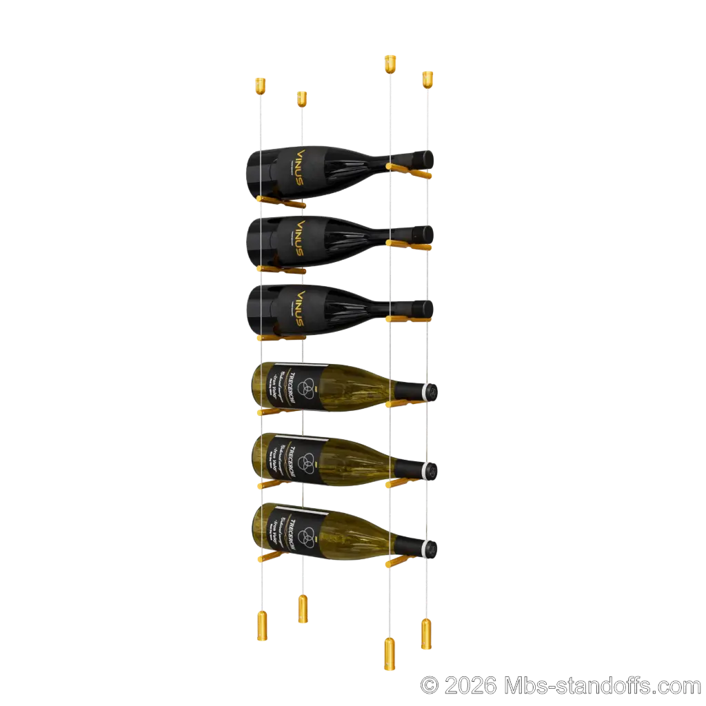 Merlot - Napa Collection Bottle Display Peg Kit, 6-Bottle Capacity, Floating Cable System, Pegs: 1/2″ × 6" with Gold Anodized Finish