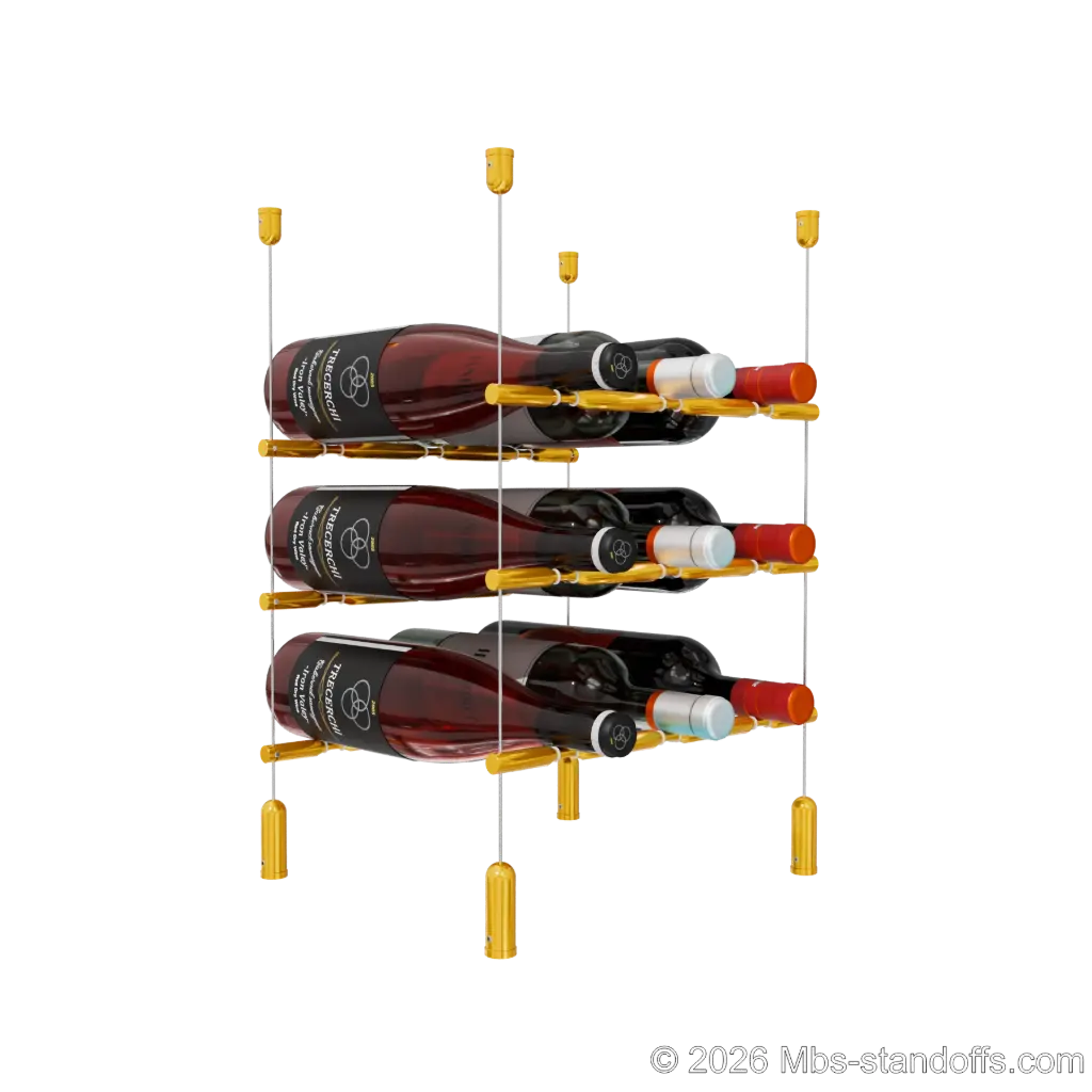 Merlot - Napa Collection Bottle Display Peg Kit With "O" Ring, 9-Bottle (3x3) Capacity, Floating Cable System, Pegs: 1/2″ × 11-1/2" with Gold Anodized Finish