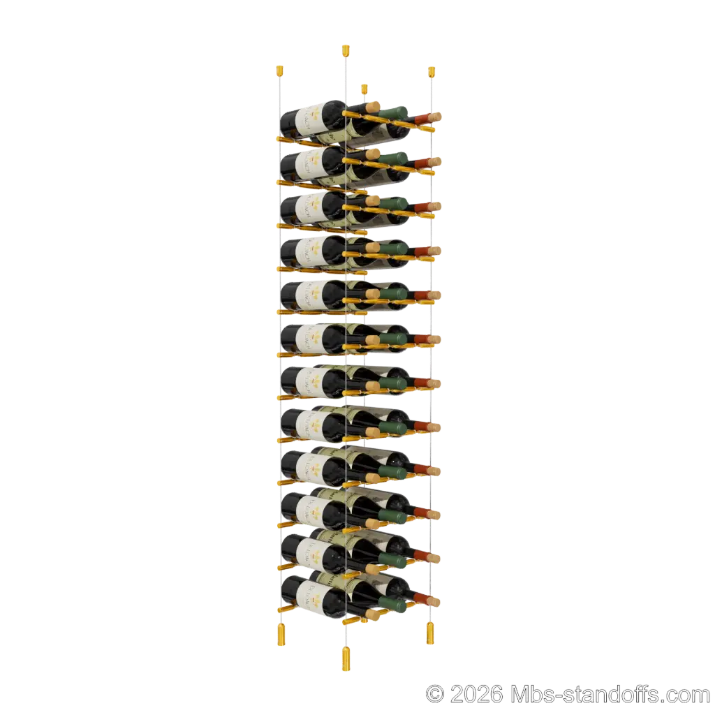 Merlot - Napa Collection Bottle Display Peg Kit With "O" Ring, 36-Bottle (3x12) Capacity, Floating Cable System, Pegs: 1/2″ × 11-1/2" with Gold Anodized Finish