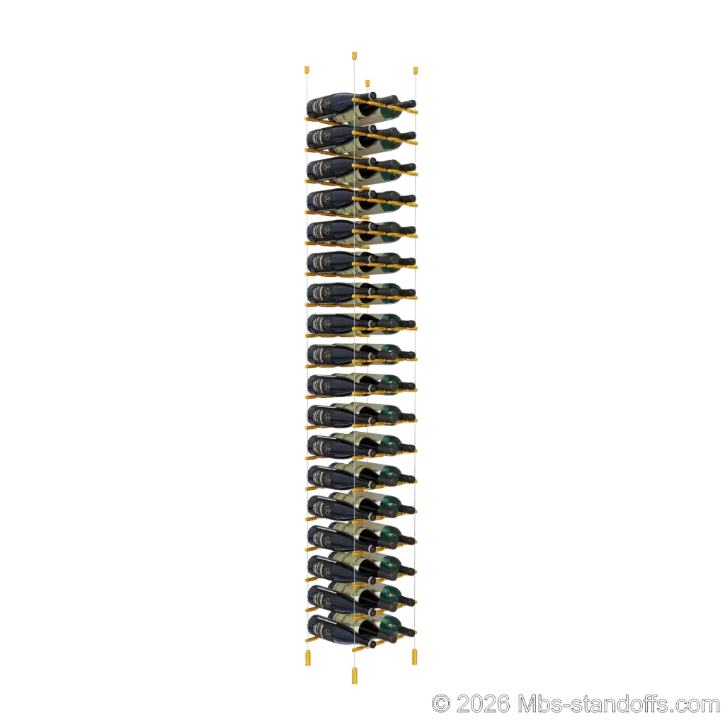 Merlot - Napa Collection Bottle Display Peg Kit With "O" Ring, 54-Bottle (3x18) Capacity, Floating Cable System, Pegs: 1/2″ × 11-1/2" with Gold Anodized Finish