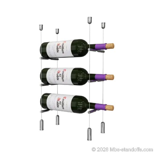 [ACG1904CP-PCW1050CP-K3] Merlot - Napa Collection Bottle Display Peg Kit, 3-Bottle Capacity, Floating Cable System, Pegs: 1/2″ × 6" with Chrome Mirror Finish