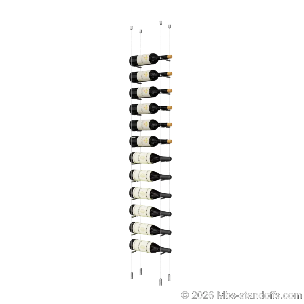 Merlot - Napa Collection Bottle Display Peg Kit, 12-Bottle Capacity, Floating Cable System, Pegs: 1/2″ × 6" with Chrome Mirror Finish