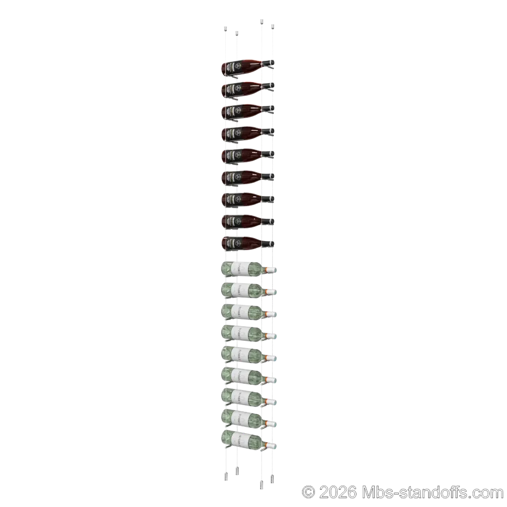 Merlot - Napa Collection Bottle Display Peg Kit, 18-Bottle Capacity, Floating Cable System, Pegs: 1/2″ × 6" with Chrome Mirror Finish