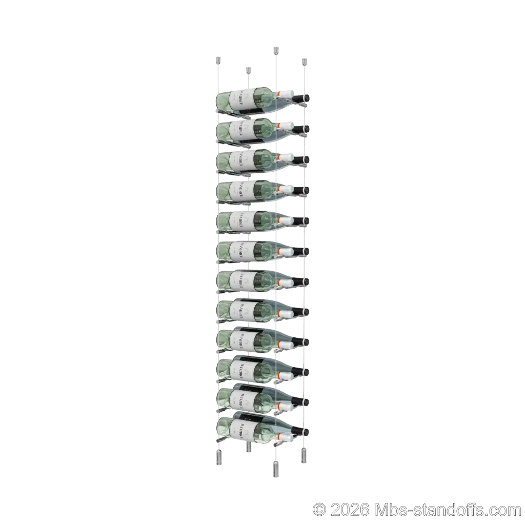 Merlot - Napa Collection Bottle Display Peg Kit, 24-Bottle (2x12) Capacity, Floating Cable System, Pegs: 1/2″ × 7-1/2" with Chrome Mirror Finish