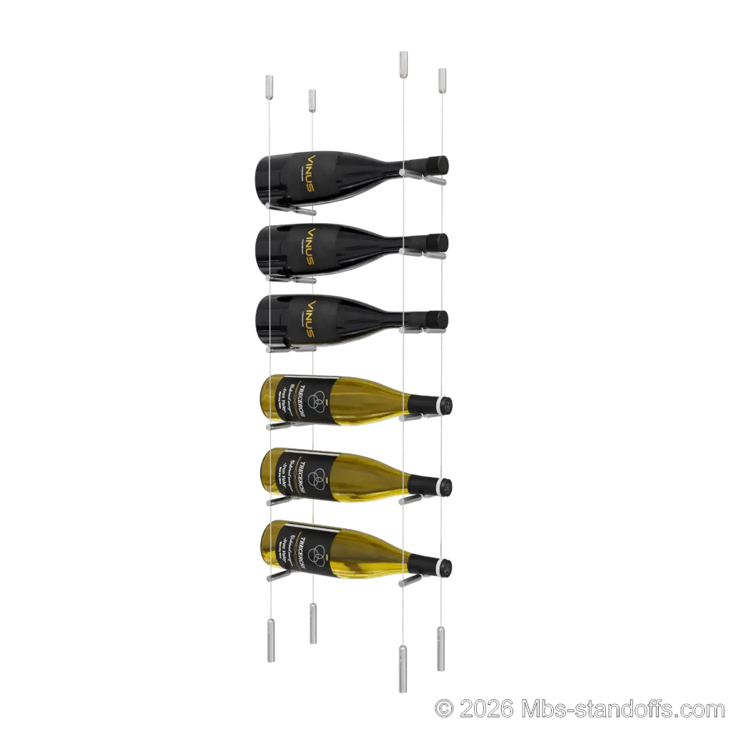 Merlot - Napa Collection Bottle Display Peg Kit With "O" Ring, 6-Bottle Capacity, Floating Cable System, Pegs: 1/2″ × 6" with Satin Brushed Finish