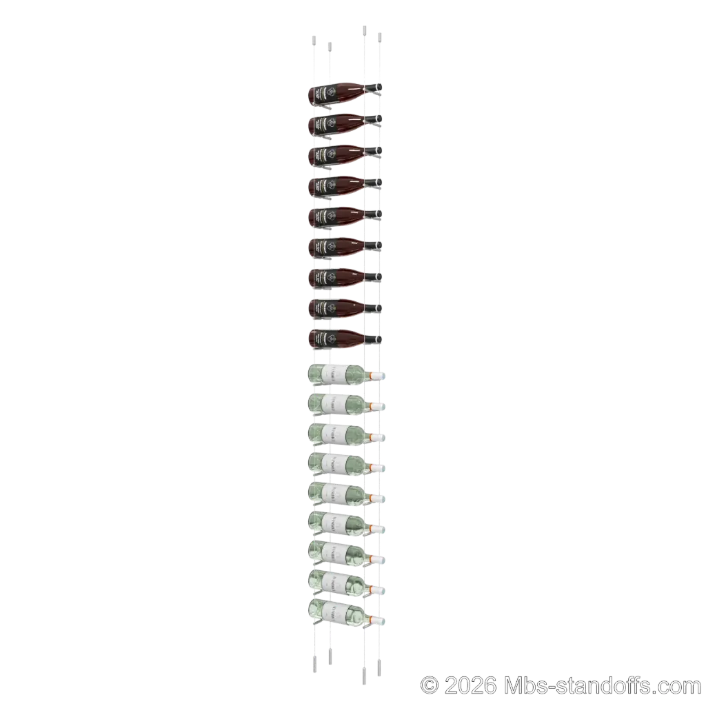 Merlot - Napa Collection Bottle Display Peg Kit With "O" Ring, 18-Bottle Capacity, Floating Cable System, Pegs: 1/2″ × 6" with Satin Brushed Finish