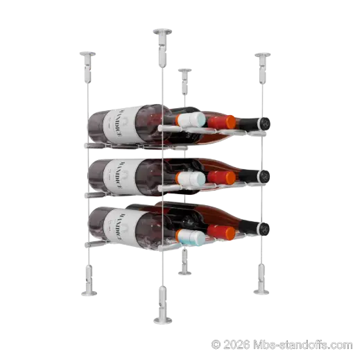 [CS15A-PCWR3050A-K3] Merlot - Washington Collection Bottle Display Peg Kit With "O" Ring, 9-Bottle (3x3) Capacity, Floating Cable System, Pegs: 1/2″ × 11-1/2" with Clear Anodized Finish