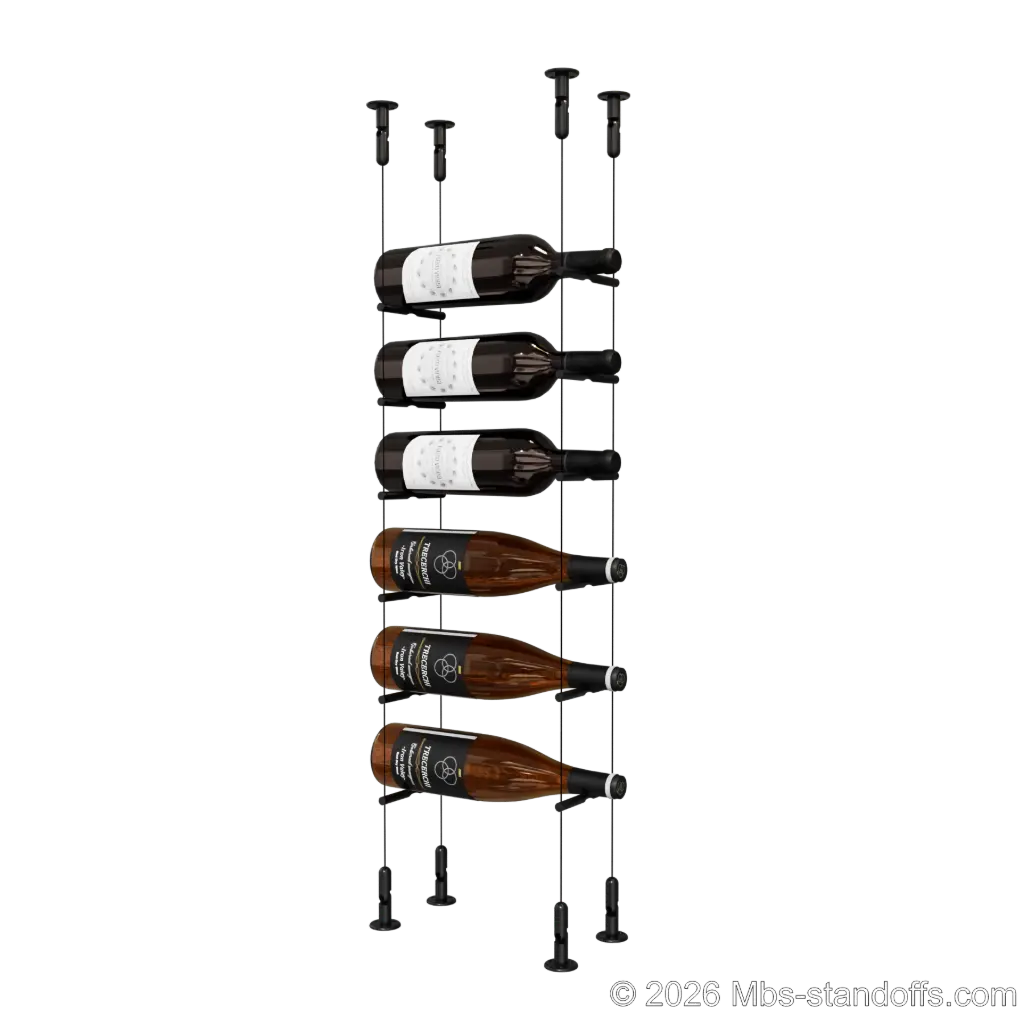 Merlot - Washington Collection Bottle Display Peg Kit, 6-Bottle Capacity, Floating Cable System, Pegs: 1/2″ × 6" with Matte Black Anodized Finish