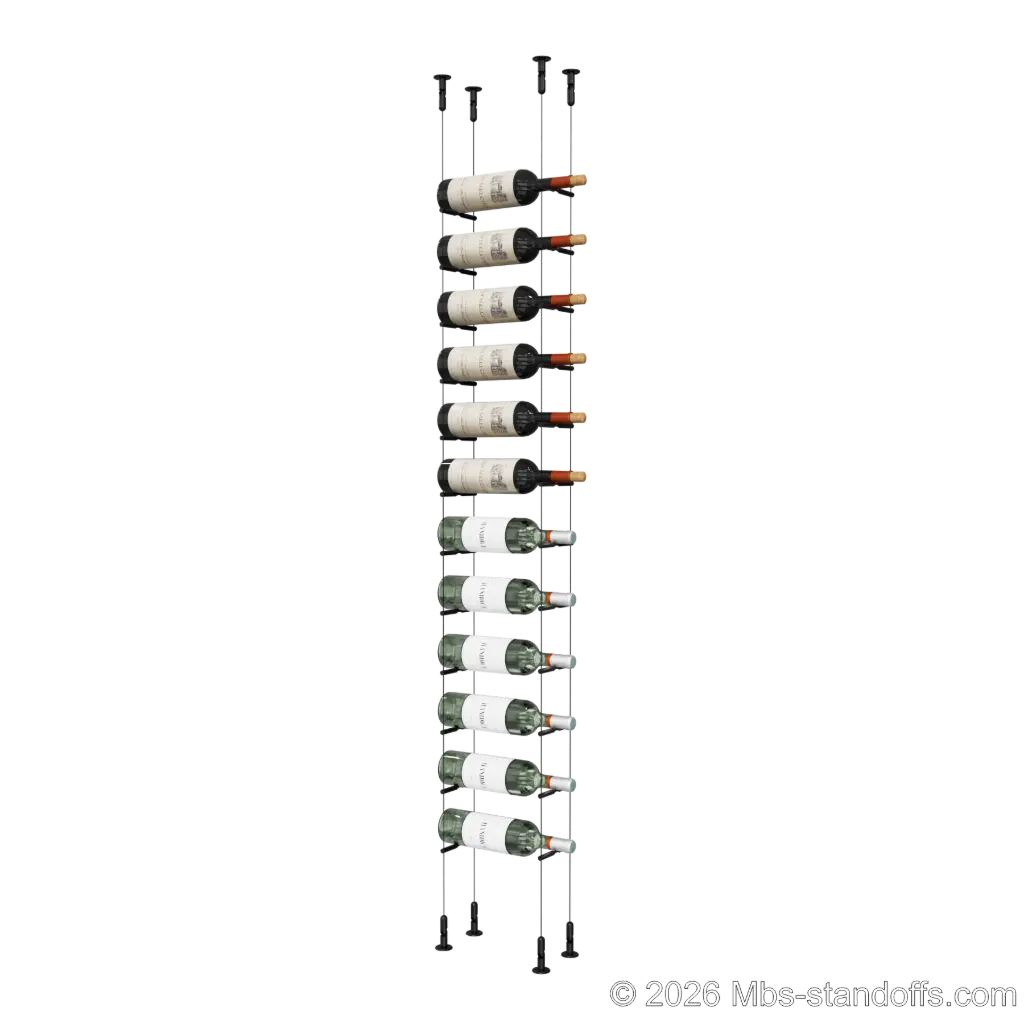 Merlot - Washington Collection Bottle Display Peg Kit, 12-Bottle Capacity, Floating Cable System, Pegs: 1/2″ × 6" with Matte Black Anodized Finish