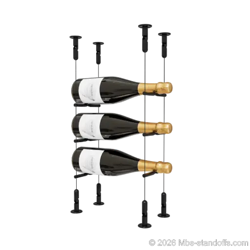 [CS15MB-PCWR1050MB-K3] Merlot - Washington Collection Bottle Display Peg Kit With "O" Ring, 3-Bottle Capacity, Floating Cable System, Pegs: 1/2″ × 6" with Matte Black Anodized Finish