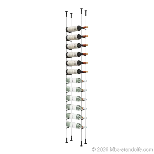 [CS15MB-PCWR1050MB-K12] Merlot - Washington Collection Bottle Display Peg Kit With "O" Ring, 12-Bottle Capacity, Floating Cable System, Pegs: 1/2″ × 6" with Matte Black Anodized Finish