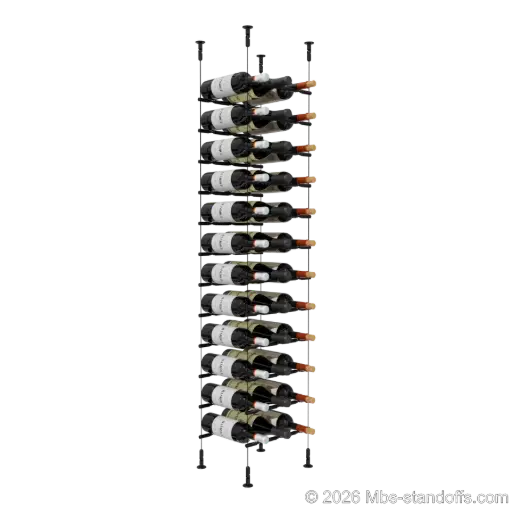 [CS15MB-PCWR3050MB-K12] Merlot - Washington Collection Bottle Display Peg Kit With "O" Ring, 36-Bottle (3x12) Capacity, Floating Cable System, Pegs: 1/2″ × 11-1/2" with Matte Black Anodized Finish