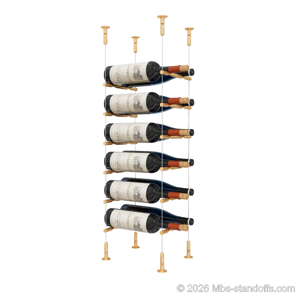 Merlot - Washington Collection Bottle Display Peg Kit, 12-Bottle (2x6) Capacity, Floating Cable System, Pegs: 1/2″ × 7-1/2" with Champagne Anodized Finish