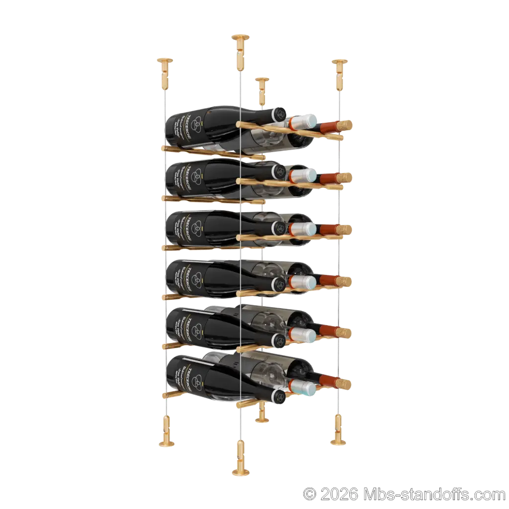 Merlot - Washington Collection Bottle Display Peg Kit, 18-Bottle (3x6) Capacity, Floating Cable System, Pegs: 1/2″ × 11-1/2" with Champagne Anodized Finish