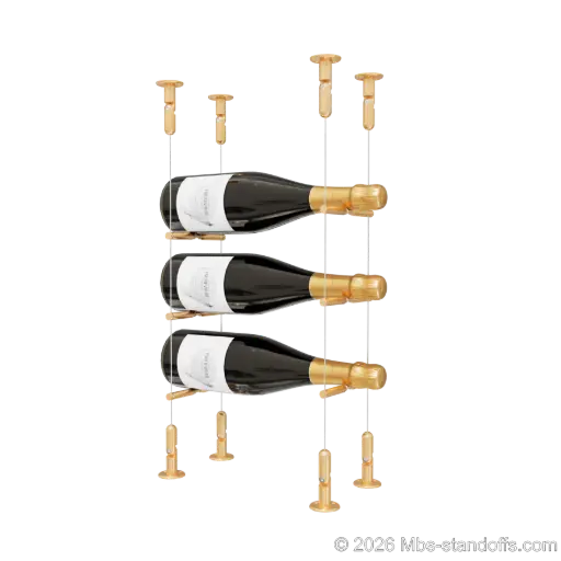 [CS15BR-PCWR1050BR-K3] Merlot - Washington Collection Bottle Display Peg Kit With "O" Ring, 3-Bottle Capacity, Floating Cable System, Pegs: 1/2″ × 6" with Champagne Anodized Finish
