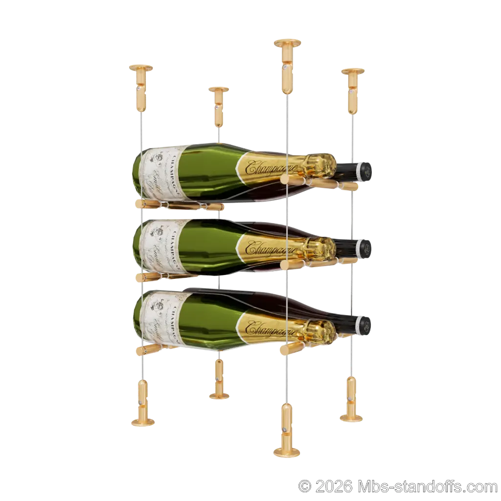 Merlot - Washington Collection Bottle Display Peg Kit With "O" Ring, 6-Bottle (2x3) Capacity, Floating Cable System, Pegs: 1/2″ × 7-1/2" with Champagne Anodized Finish