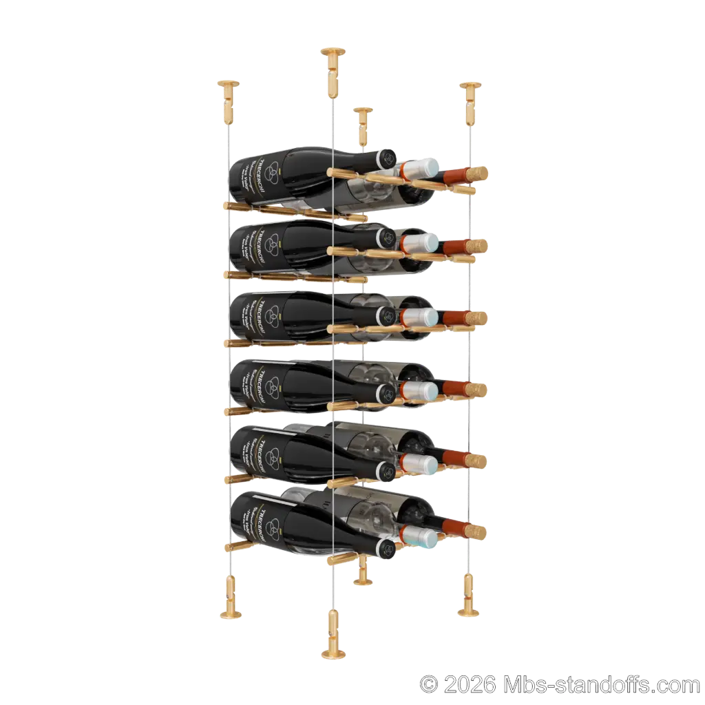 Merlot - Washington Collection Bottle Display Peg Kit With "O" Ring, 18-Bottle (3x6) Capacity, Floating Cable System, Pegs: 1/2″ × 11-1/2" with Champagne Anodized Finish