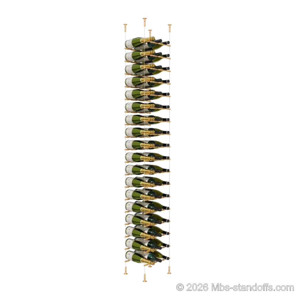 Merlot - Washington Collection Bottle Display Peg Kit With "O" Ring, 54-Bottle (3x18) Capacity, Floating Cable System, Pegs: 1/2″ × 11-1/2" with Champagne Anodized Finish