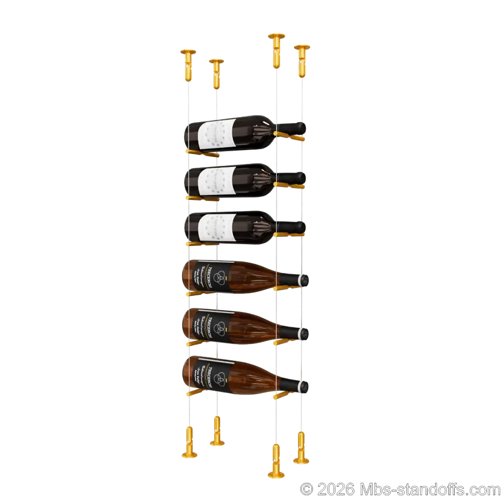 Merlot - Washington Collection Bottle Display Peg Kit, 6-Bottle Capacity, Floating Cable System, Pegs: 1/2″ × 6" with Gold Anodized Finish