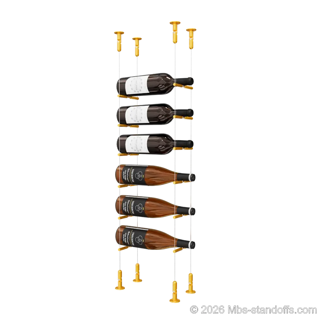 Merlot - Washington Collection Bottle Display Peg Kit With "O" Ring, 6-Bottle Capacity, Floating Cable System, Pegs: 1/2″ × 6" with Gold Anodized Finish