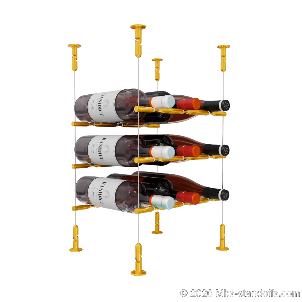Merlot - Washington Collection Bottle Display Peg Kit With "O" Ring, 9-Bottle (3x3) Capacity, Floating Cable System, Pegs: 1/2″ × 11-1/2" with Gold Anodized Finish