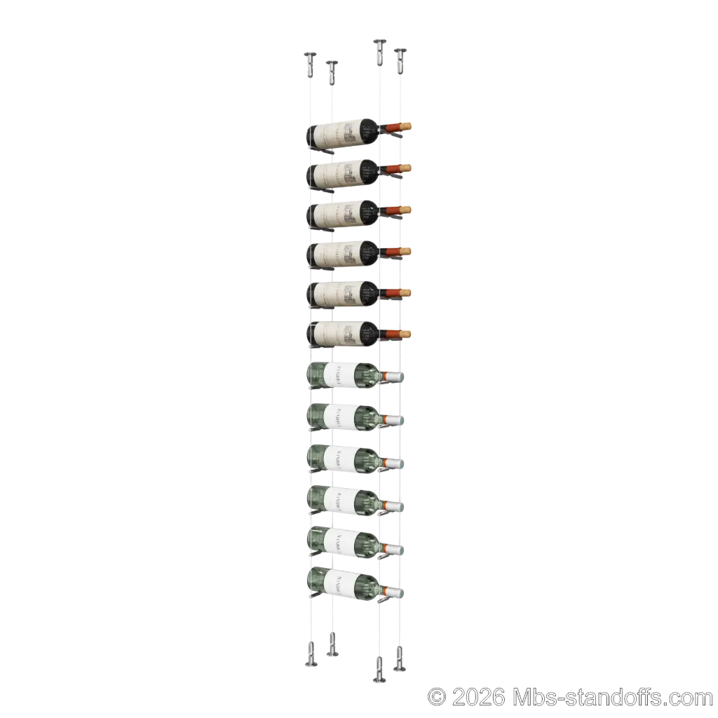 Merlot - Washington Collection Bottle Display Peg Kit, 12-Bottle Capacity, Floating Cable System, Pegs: 1/2″ × 6" with Chrome Mirror Finish