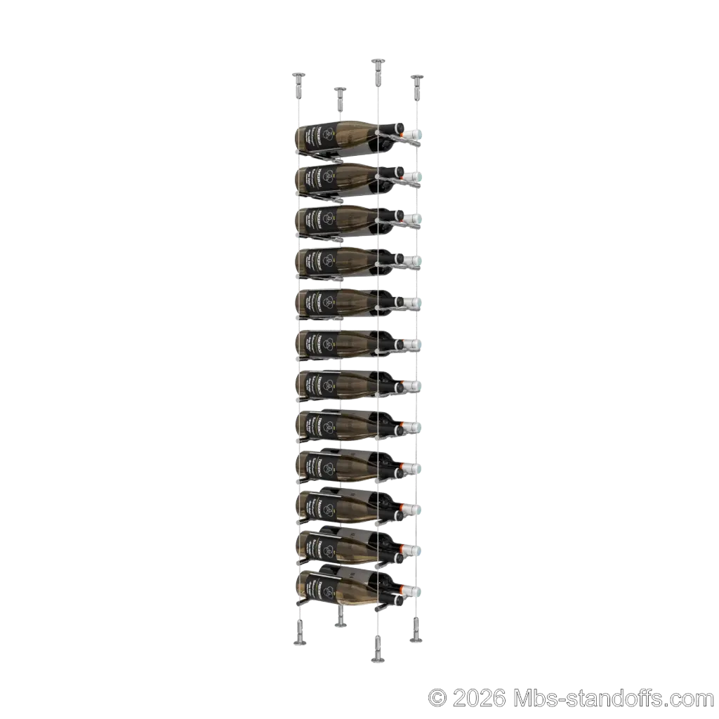 Merlot - Washington Collection Bottle Display Peg Kit, 24-Bottle (2x12) Capacity, Floating Cable System, Pegs: 1/2″ × 7-1/2" with Chrome Mirror Finish