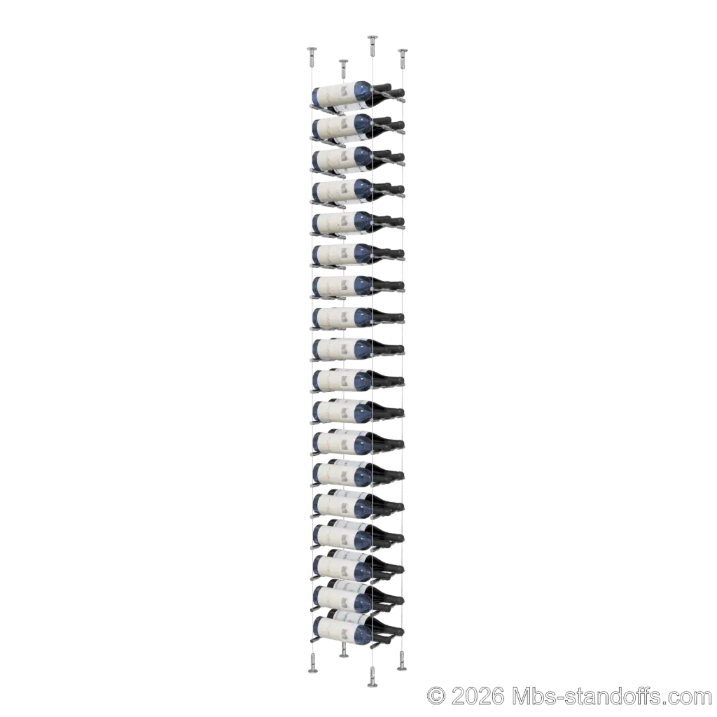 Merlot - Washington Collection Bottle Display Peg Kit, 36-Bottle (2x18) Capacity, Floating Cable System, Pegs: 1/2″ × 7-1/2" with Chrome Mirror Finish