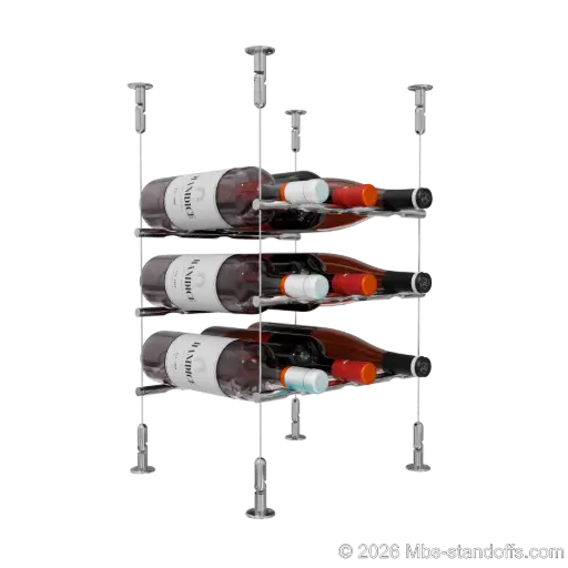 [CS15CP-PCW3050CP-K3] Merlot - Washington Collection Bottle Display Peg Kit, 9-Bottle (3x3) Capacity, Floating Cable System, Pegs: 1/2″ × 11-1/2" with Chrome Mirror Finish