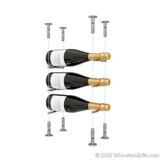 [CS15CP-PCWR1050CP-K3] Merlot - Washington Collection Bottle Display Peg Kit With "O" Ring, 3-Bottle Capacity, Floating Cable System, Pegs: 1/2″ × 6" with Chrome Mirror Finish
