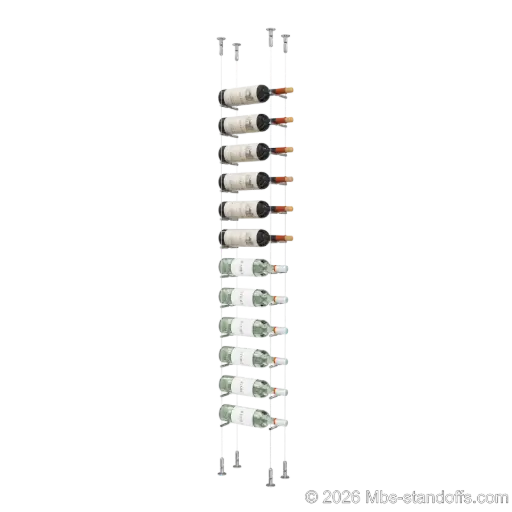 [CS15CP-PCWR1050CP-K12] Merlot - Washington Collection Bottle Display Peg Kit With "O" Ring, 12-Bottle Capacity, Floating Cable System, Pegs: 1/2″ × 6" with Chrome Mirror Finish