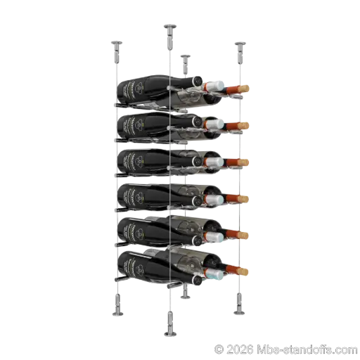[CS15CP-PCWR3050CP-K6] Merlot - Washington Collection Bottle Display Peg Kit With "O" Ring, 18-Bottle (3x6) Capacity, Floating Cable System, Pegs: 1/2″ × 11-1/2" with Chrome Mirror Finish