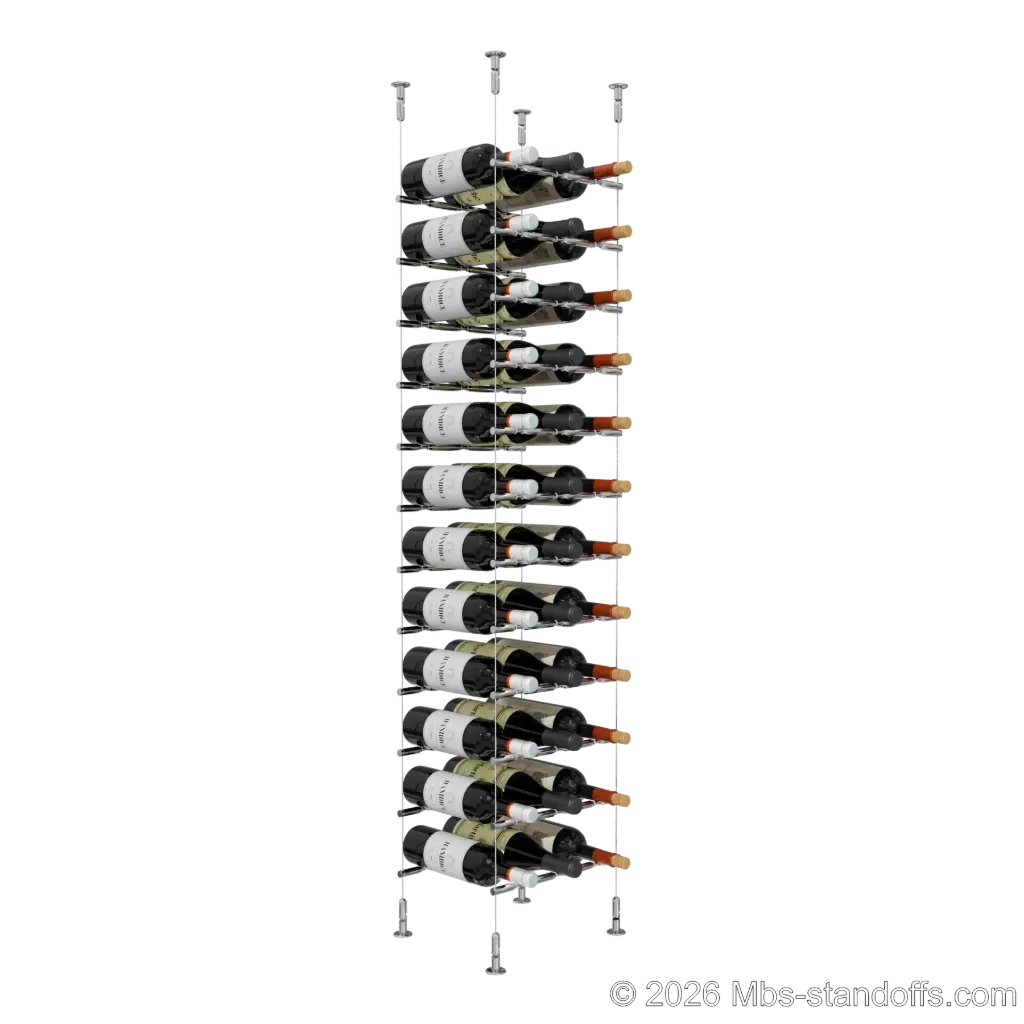 Merlot - Washington Collection Bottle Display Peg Kit With "O" Ring, 36-Bottle (3x12) Capacity, Floating Cable System, Pegs: 1/2″ × 11-1/2" with Chrome Mirror Finish