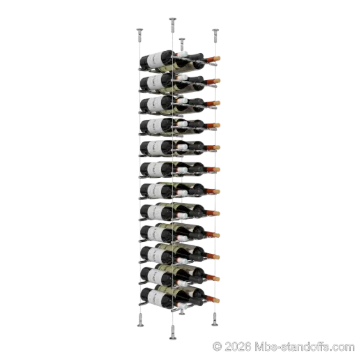 [CS15CP-PCWR3050CP-K12] Merlot - Washington Collection Bottle Display Peg Kit With "O" Ring, 36-Bottle (3x12) Capacity, Floating Cable System, Pegs: 1/2″ × 11-1/2" with Chrome Mirror Finish