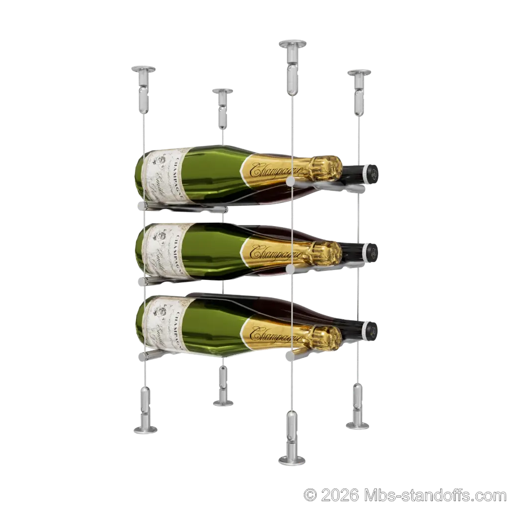 Merlot - Washington Collection Bottle Display Peg Kit, 6-Bottle (2x3) Capacity, Floating Cable System, Pegs: 1/2″ × 7-1/2" with Satin Brushed Finish