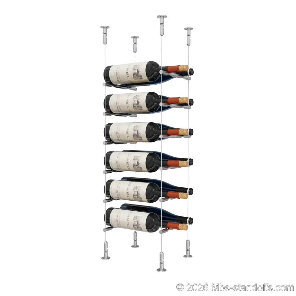 Merlot - Washington Collection Bottle Display Peg Kit, 12-Bottle (2x6) Capacity, Floating Cable System, Pegs: 1/2″ × 7-1/2" with Satin Brushed Finish