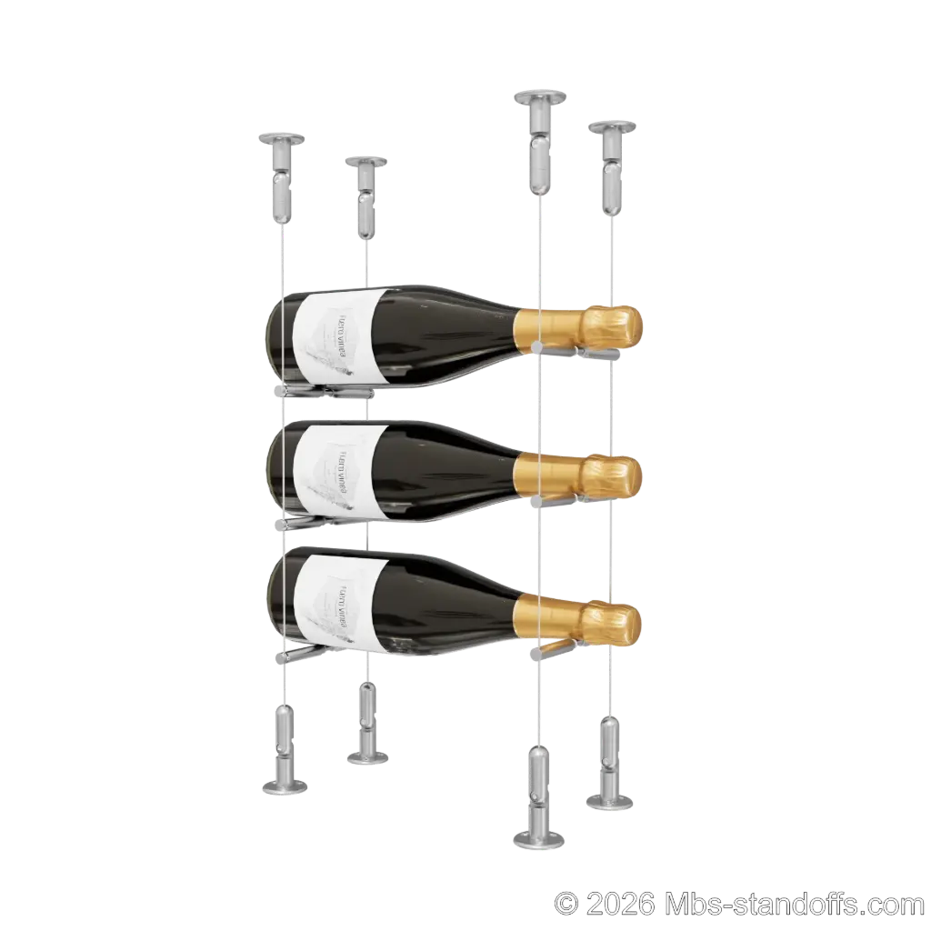 Merlot - Washington Collection Bottle Display Peg Kit With "O" Ring, 3-Bottle Capacity, Floating Cable System, Pegs: 1/2″ × 6" with Satin Brushed Finish