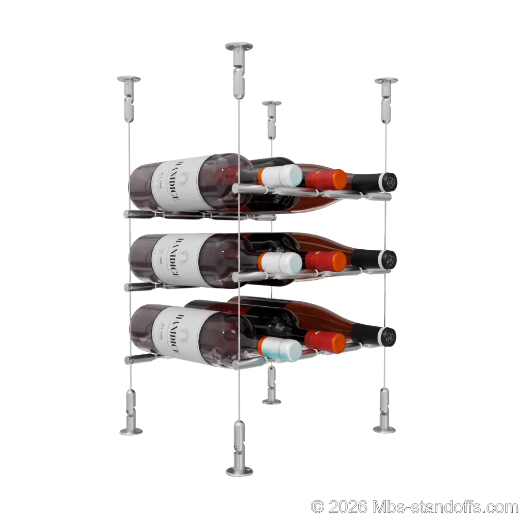 Merlot - Washington Collection Bottle Display Peg Kit With "O" Ring, 9-Bottle (3x3) Capacity, Floating Cable System, Pegs: 1/2″ × 11-1/2" with Satin Brushed Finish