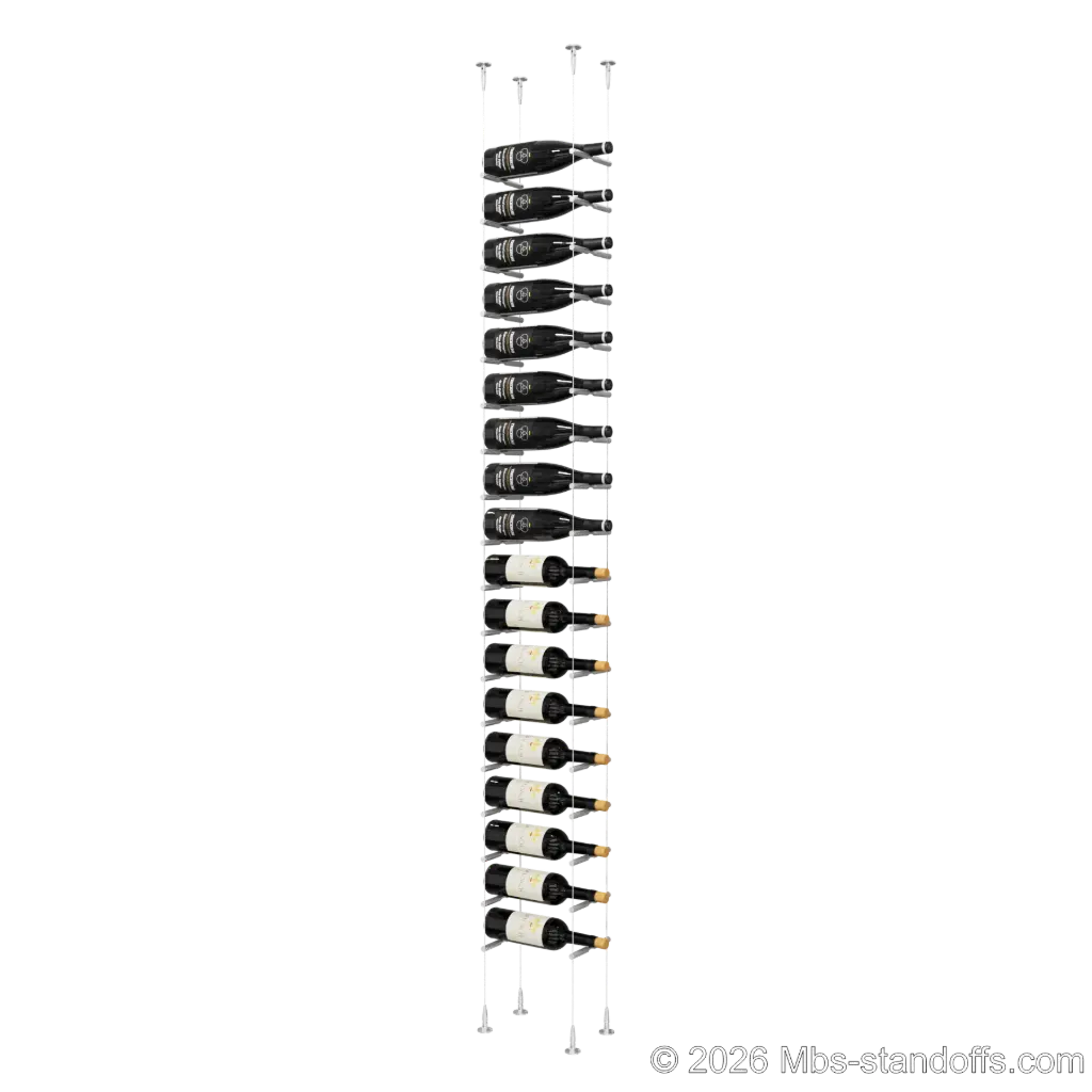 Merlot - Sonoma Collection Bottle Display Peg Kit, 18-Bottle Capacity, Floating Cable System, Pegs: 1/2″ × 6" with Clear Anodized Finish