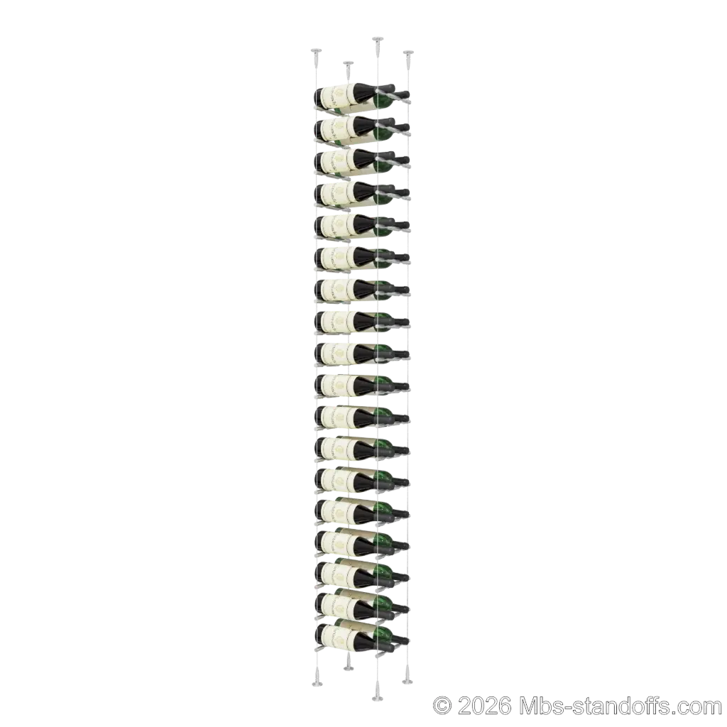 Merlot - Sonoma Collection Bottle Display Peg Kit, 36-Bottle (2x18) Capacity, Floating Cable System, Pegs: 1/2″ × 7-1/2" with Clear Anodized Finish