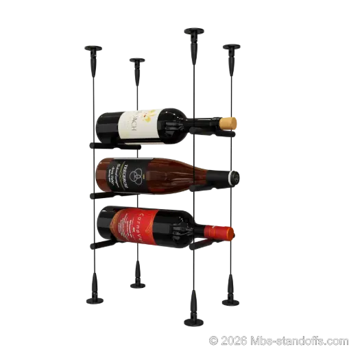 [SCS15MB-PCW1050MB-K3] Merlot - Sonoma Collection Bottle Display Peg Kit, 3-Bottle Capacity, Floating Cable System, Pegs: 1/2″ × 6" with Matte Black Anodized Finish