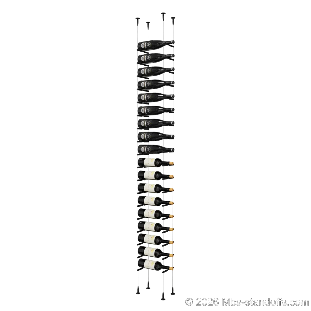 Merlot - Sonoma Collection Bottle Display Peg Kit, 18-Bottle Capacity, Floating Cable System, Pegs: 1/2″ × 6" with Matte Black Anodized Finish