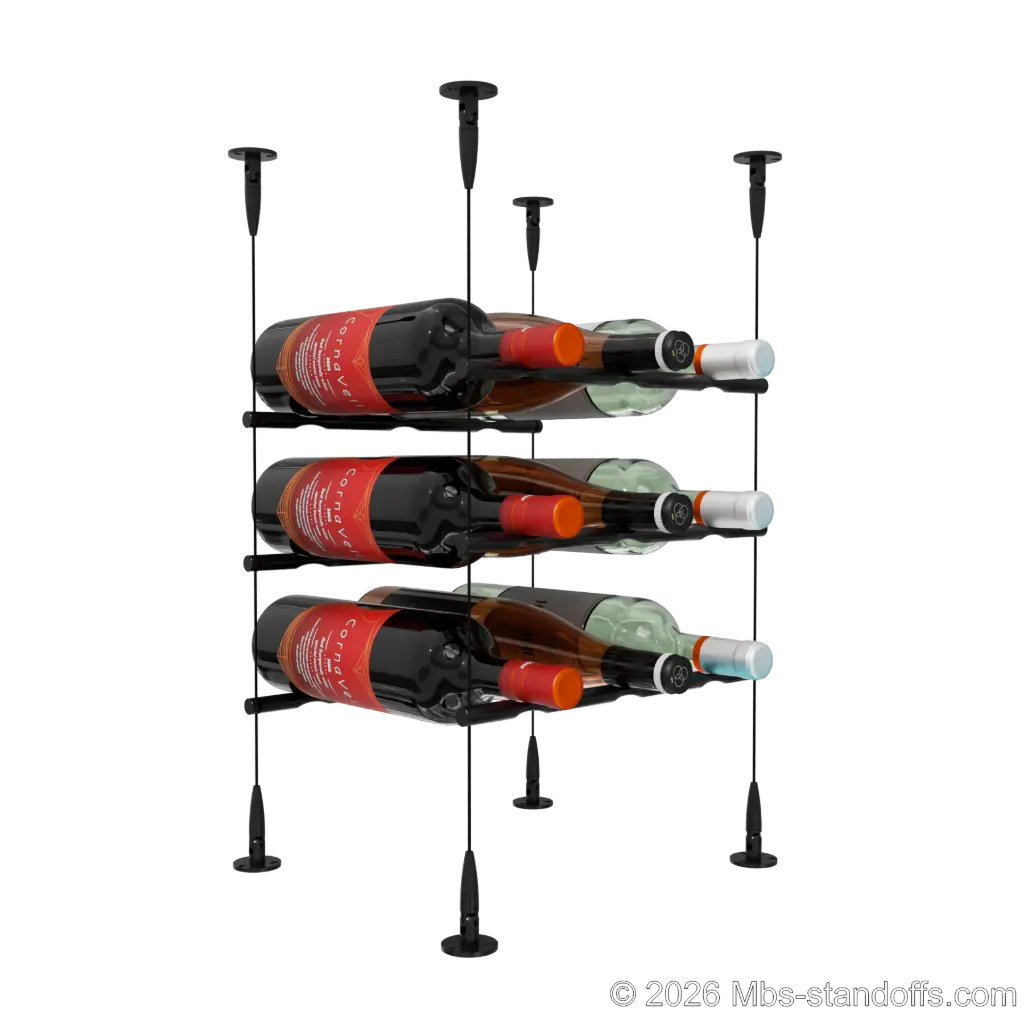 Merlot - Sonoma Collection Bottle Display Peg Kit, 9-Bottle (3x3) Capacity, Floating Cable System, Pegs: 1/2″ × 11-1/2" with Matte Black Anodized Finish