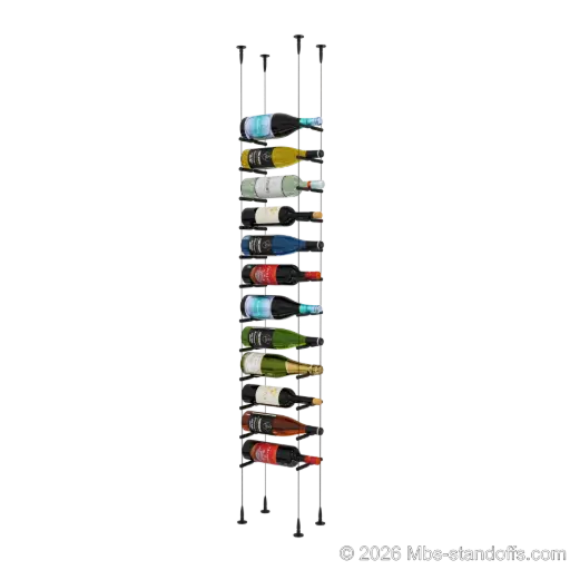 [SCS15MB-PCWR1050MB-K12] Merlot - Sonoma Collection Bottle Display Peg Kit With "O" Ring, 12-Bottle Capacity, Floating Cable System, Pegs: 1/2″ × 6" with Matte Black Anodized Finish