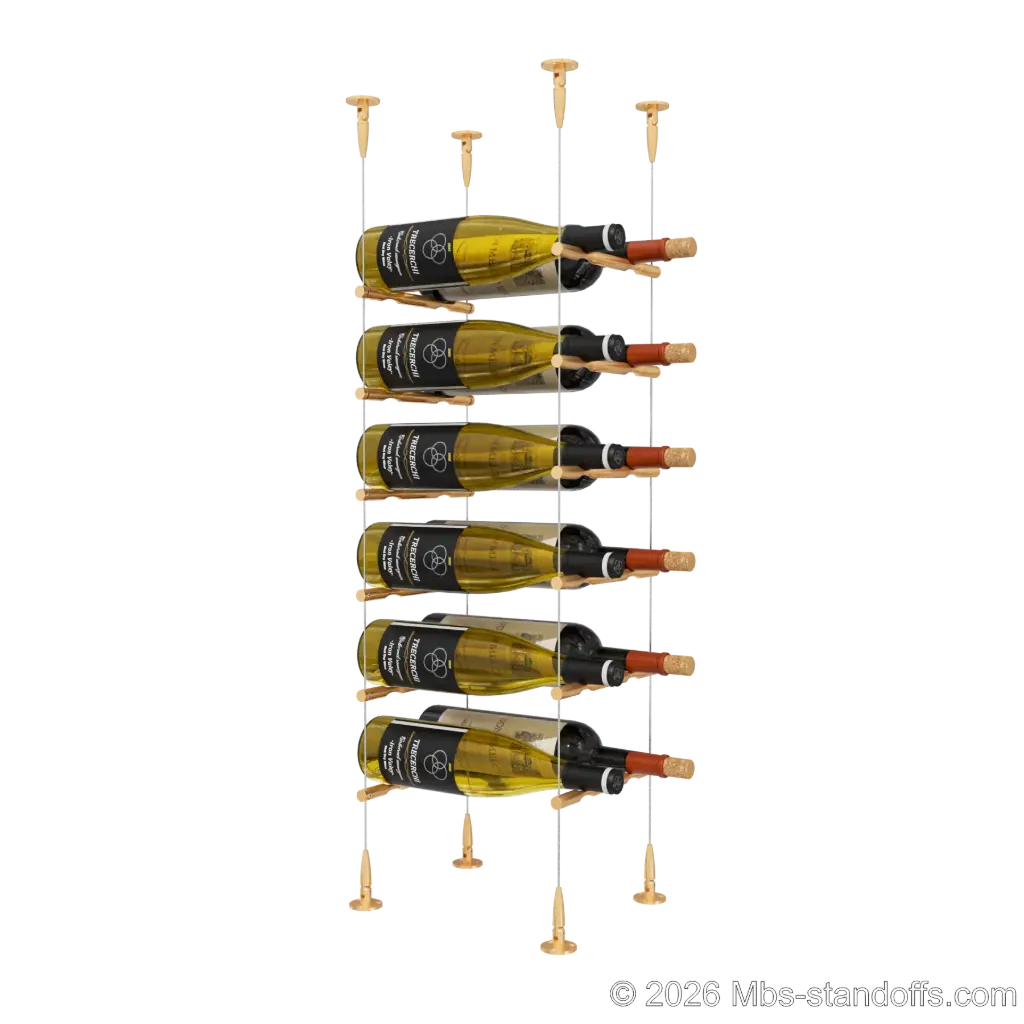 Merlot - Sonoma Collection Bottle Display Peg Kit, 12-Bottle (2x6) Capacity, Floating Cable System, Pegs: 1/2″ × 7-1/2" with Champagne Anodized Finish