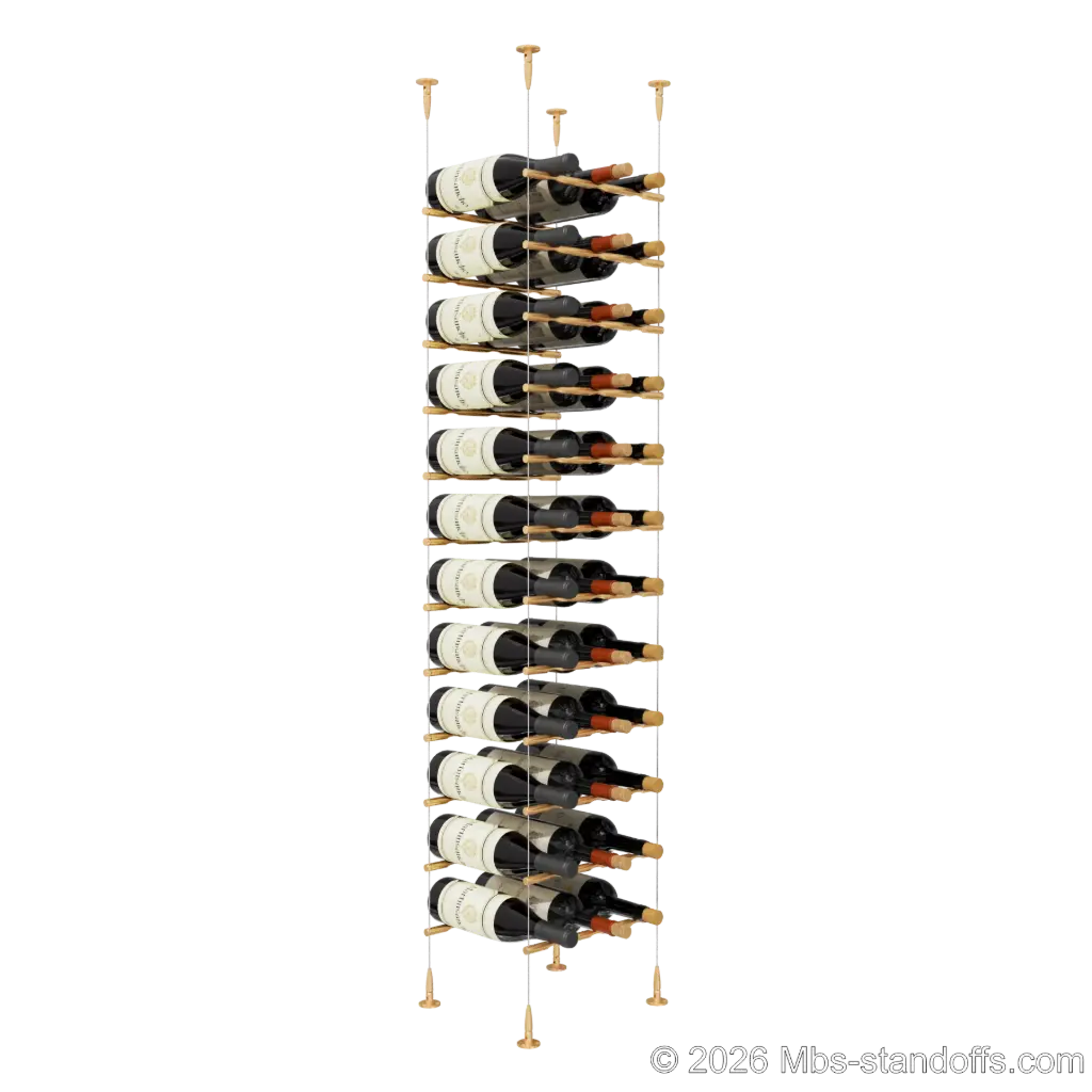 Merlot - Sonoma Collection Bottle Display Peg Kit, 36-Bottle (3x12) Capacity, Floating Cable System, Pegs: 1/2″ × 11-1/2" with Champagne Anodized Finish