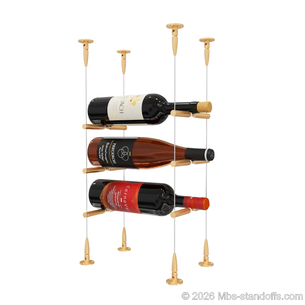 Merlot - Sonoma Collection Bottle Display Peg Kit With "O" Ring, 3-Bottle Capacity, Floating Cable System, Pegs: 1/2″ × 6" with Champagne Anodized Finish