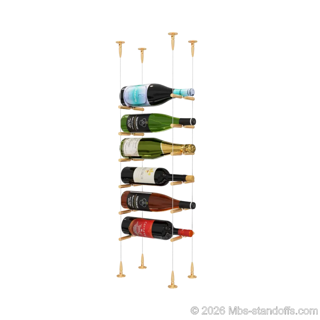 Merlot - Sonoma Collection Bottle Display Peg Kit With "O" Ring, 6-Bottle Capacity, Floating Cable System, Pegs: 1/2″ × 6" with Champagne Anodized Finish