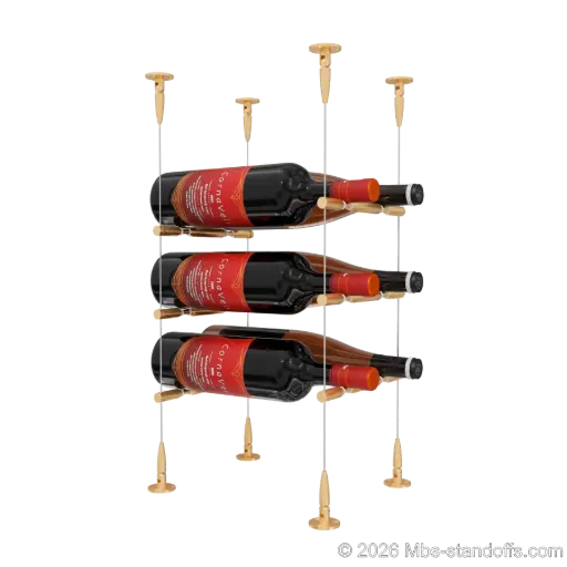 [SCS15BR-PCWR2050BR-K3] Merlot - Sonoma Collection Bottle Display Peg Kit With "O" Ring, 6-Bottle (2x3) Capacity, Floating Cable System, Pegs: 1/2″ × 7-1/2" with Champagne Anodized Finish
