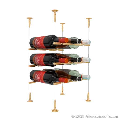 [SCS15BR-PCWR3050BR-K3] Merlot - Sonoma Collection Bottle Display Peg Kit With "O" Ring, 9-Bottle (3x3) Capacity, Floating Cable System, Pegs: 1/2″ × 11-1/2" with Champagne Anodized Finish